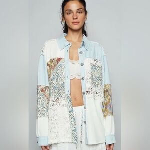 POL Patchwork, Lace & waffle Oversized Boho Style Shirt Pastel Blue white L